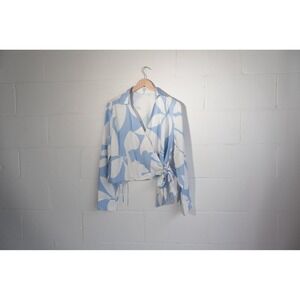 SHEIN Wrap Blouse Women Large Blue White Floral Abstract Long Sleeve Tie Top